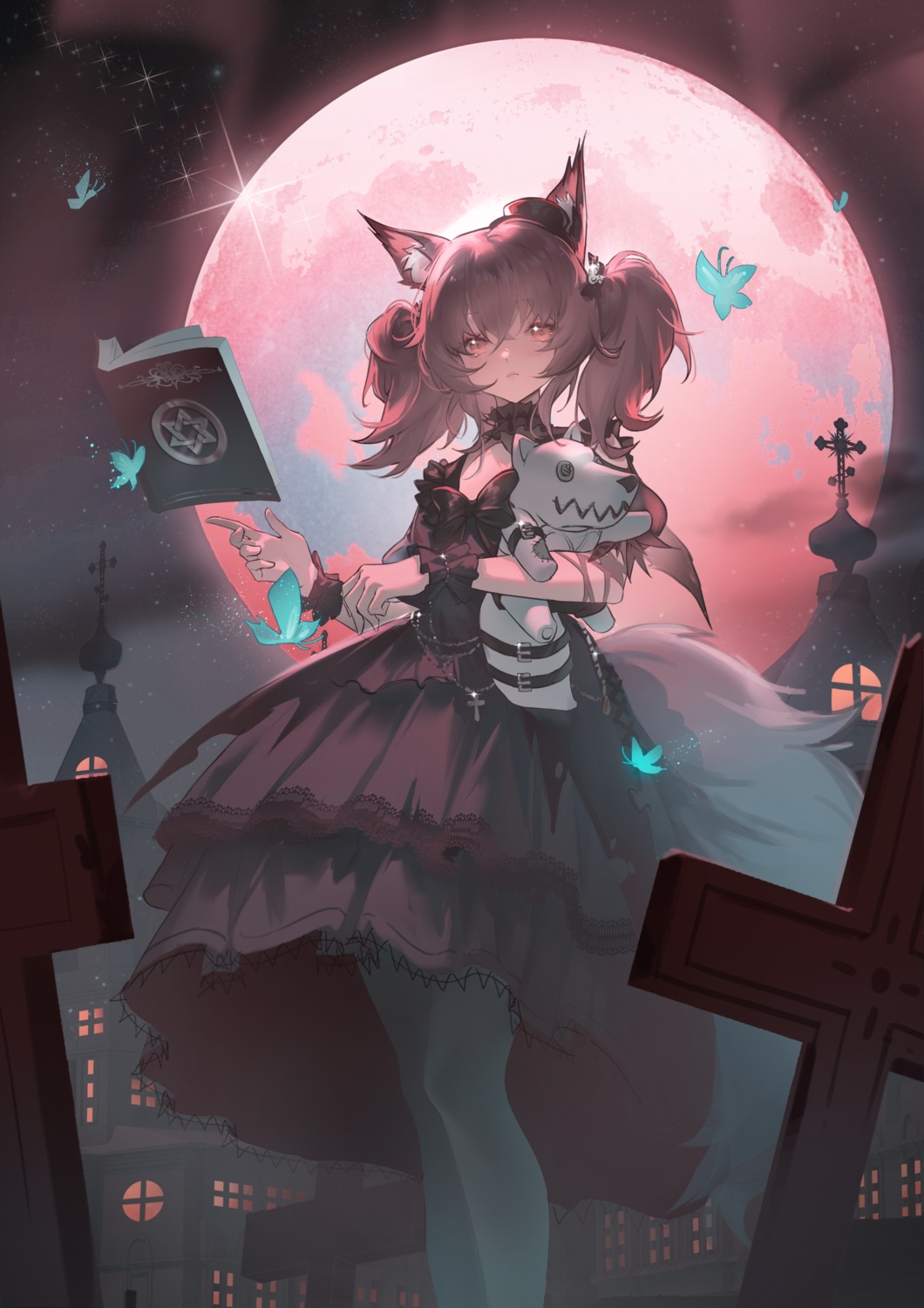 animal_ears, arknights, dress, gothic_lolita, lolita_fashion, shamare_(arknights), softkittywarmkitty, tail