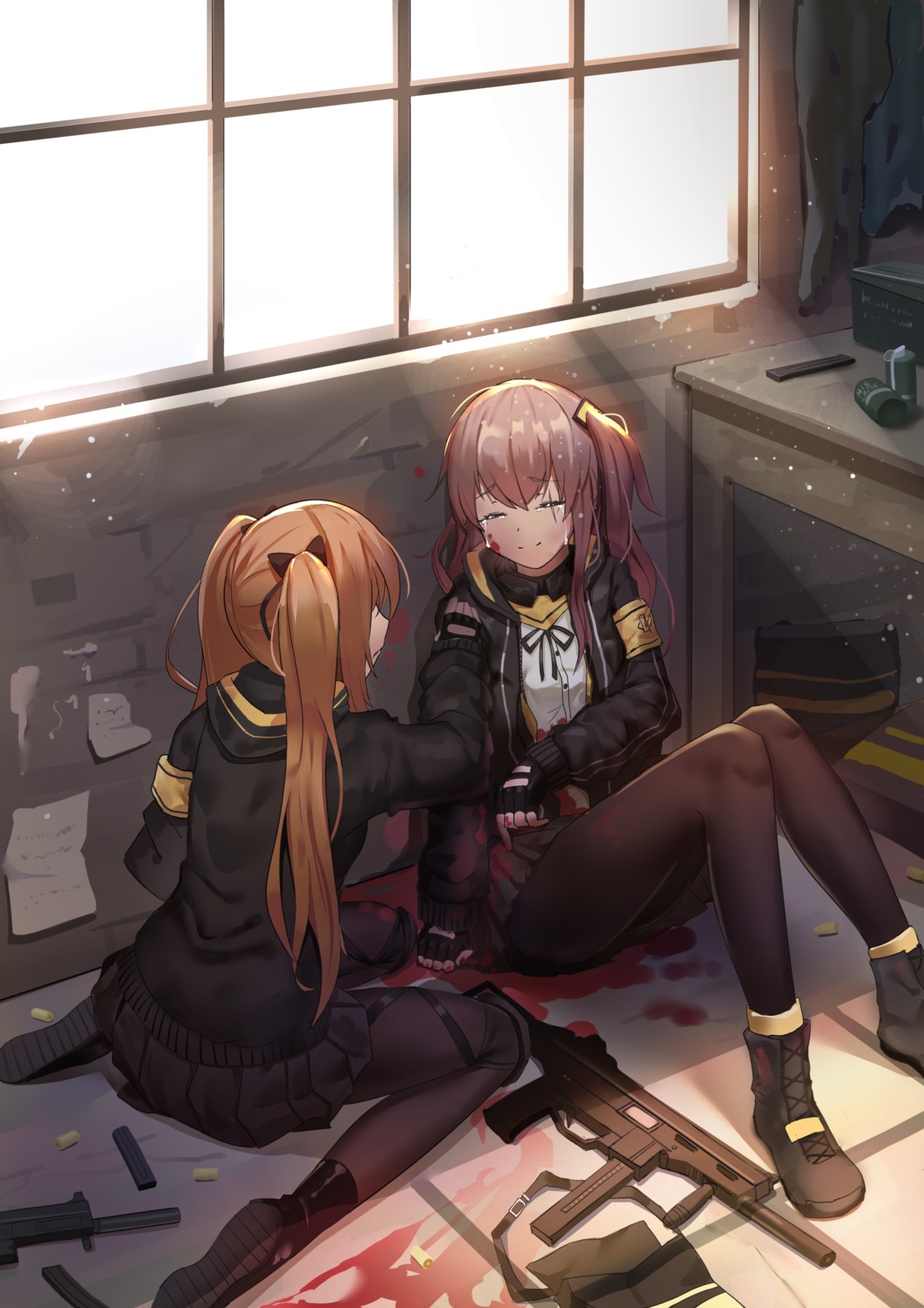 artist_revision, blood, darcy, girls_frontline, gun, pantyhose, skirt_lift, ump45_(girls_frontline), ump9_(girls_frontline)