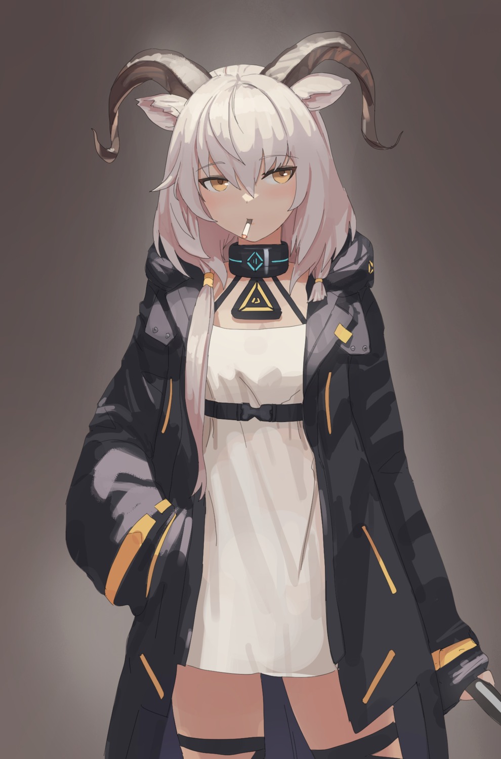 animal_ears, arknights, beeswax_(arknights), dolri, dress, garter, horns, smoking