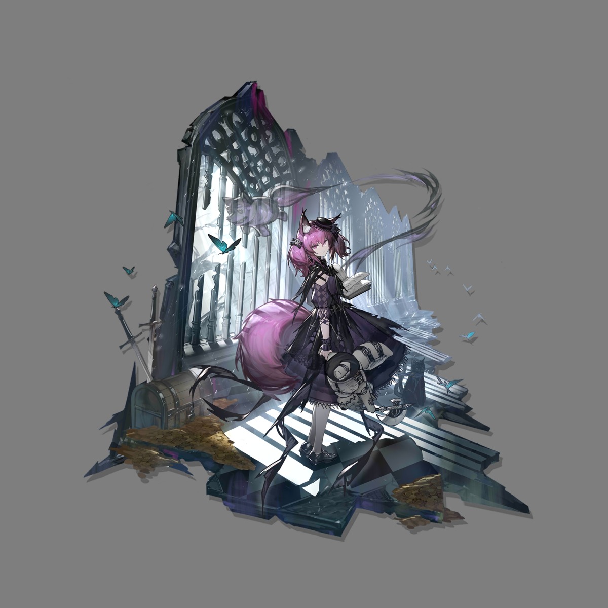animal_ears, arknights, dress, shamare_(arknights), tagme, tail, torn_clothes, transparent_png