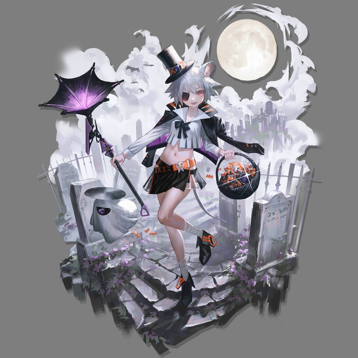 animal_ears, arknights, bandages, click_(arknights), eyepatch, halloween, heels, reoen, see_through, tail, transparent_png, weapon