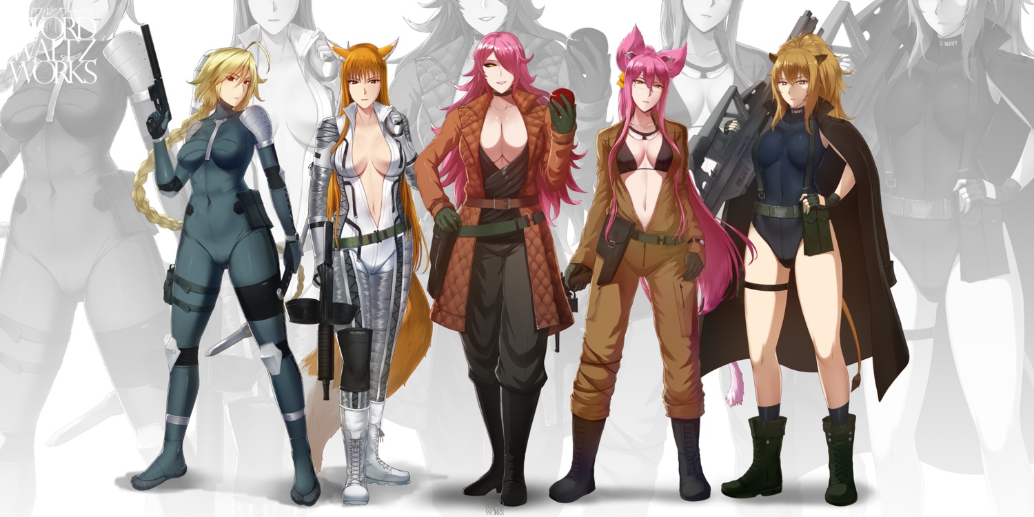 animal_ears, arknights, bikini_top, blazblue, bodysuit, cosplay, crossover, garter, gun, holo, kokonoe, leotard, megane, metal_gear, nekomimi, nine_the_phantom, no_bra, open_shirt, overalls, siege_(arknights), spice_and_wolf, swimsuits, swordwaltz, tail