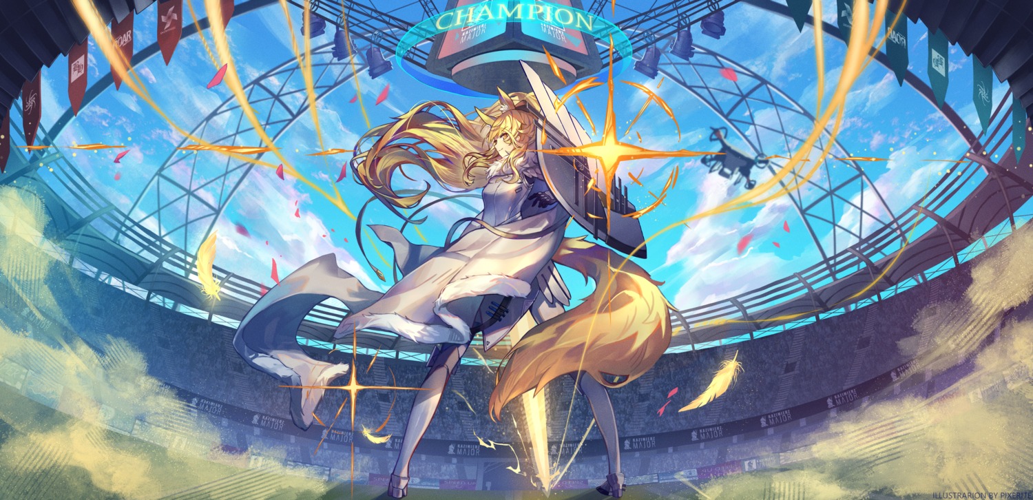 animal_ears, arknights, armor, blemishine_(arknights), heels, pixerite, sword, tail