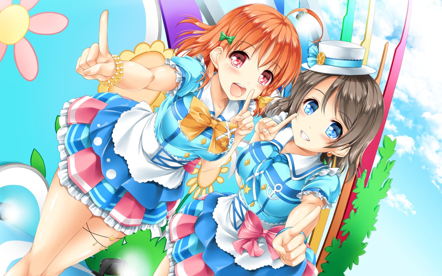 garter, kamiya_tomoe, love_live!_(series), love_live!_sunshine!!, takami_chika, uniform, wallpaper, watanabe_you