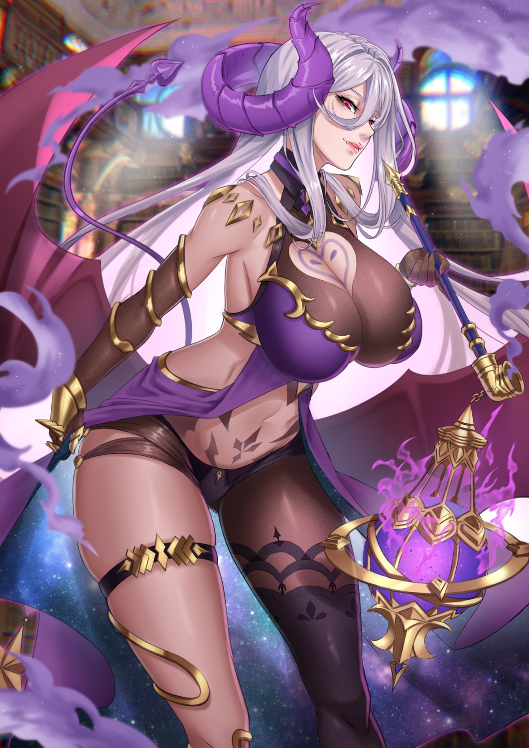 anima_(togashi), catherine_(masterwork_apocalypse), cleavage, devil, dress, garter, horns, masterwork_apocalypse