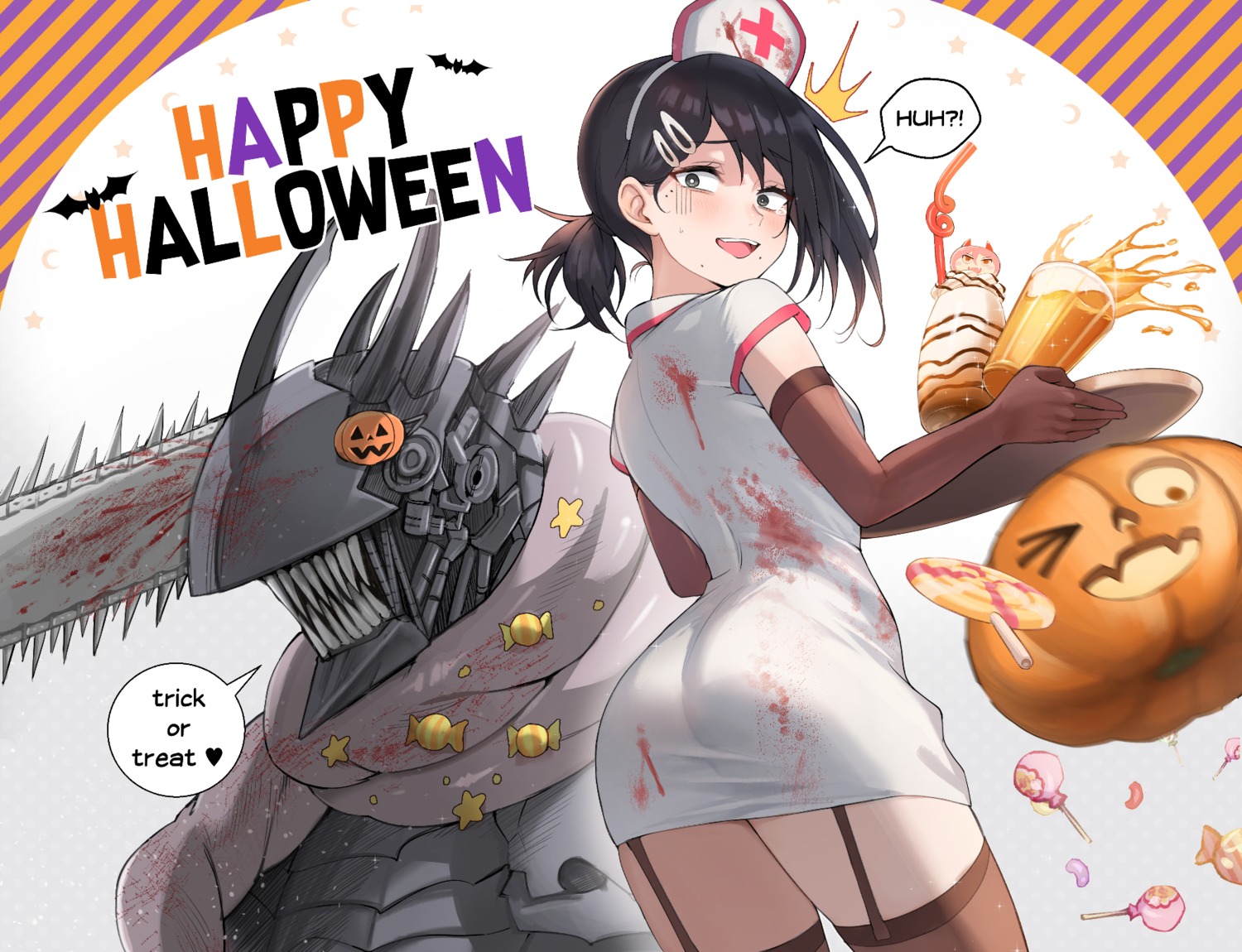 ass, beruko14, blood, chainsaw_man, halloween, higashiyama_kobeni, nurse, pochita_(chainsaw_man), power_(chainsaw_man), stockings, thighhighs