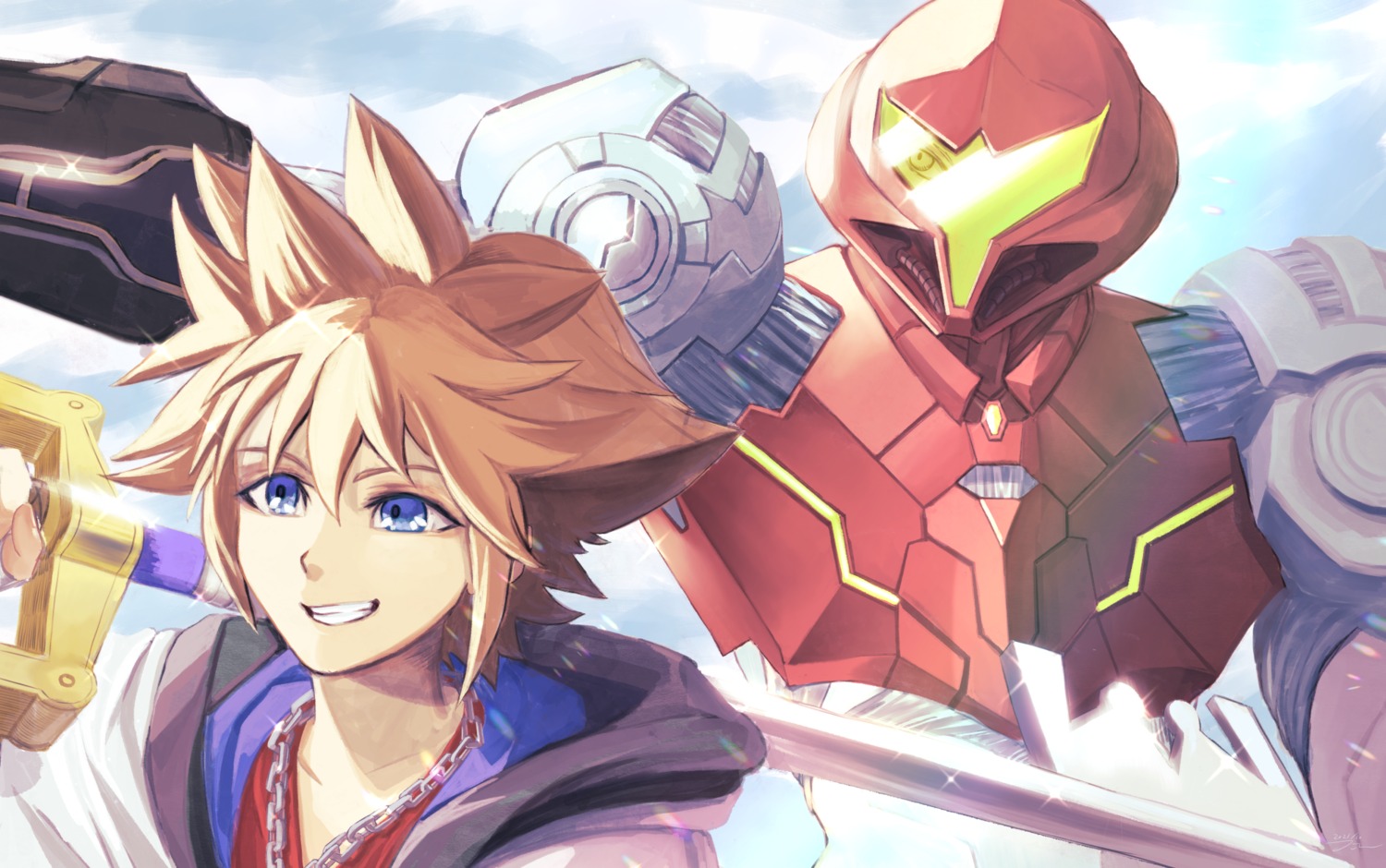 armor, crossover, jin_noumi, kingdom_hearts, metroid, metroid_dread, samus_aran, sora_(kingdom_hearts), super_smash_bros., weapon