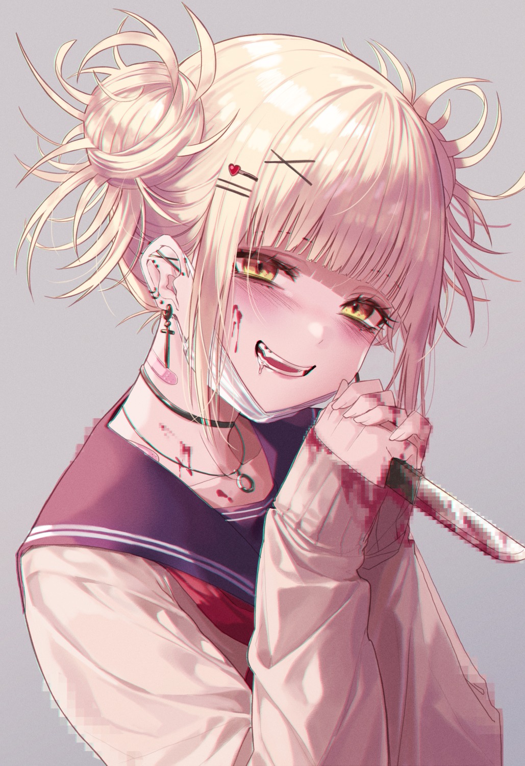 bandaid, blood, boku_no_hero_academia, karapp0, seifuku, sweater, toga_himiko, weapon