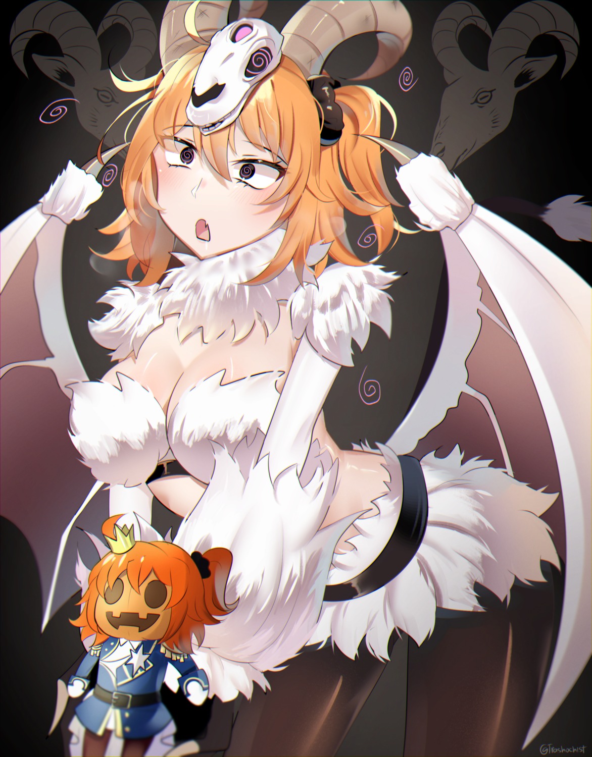 chibi, devil, fate/grand_order, fujimaru_ritsuka_(female), halloween, horns, no_bra, pantyhose, trashochist, wings