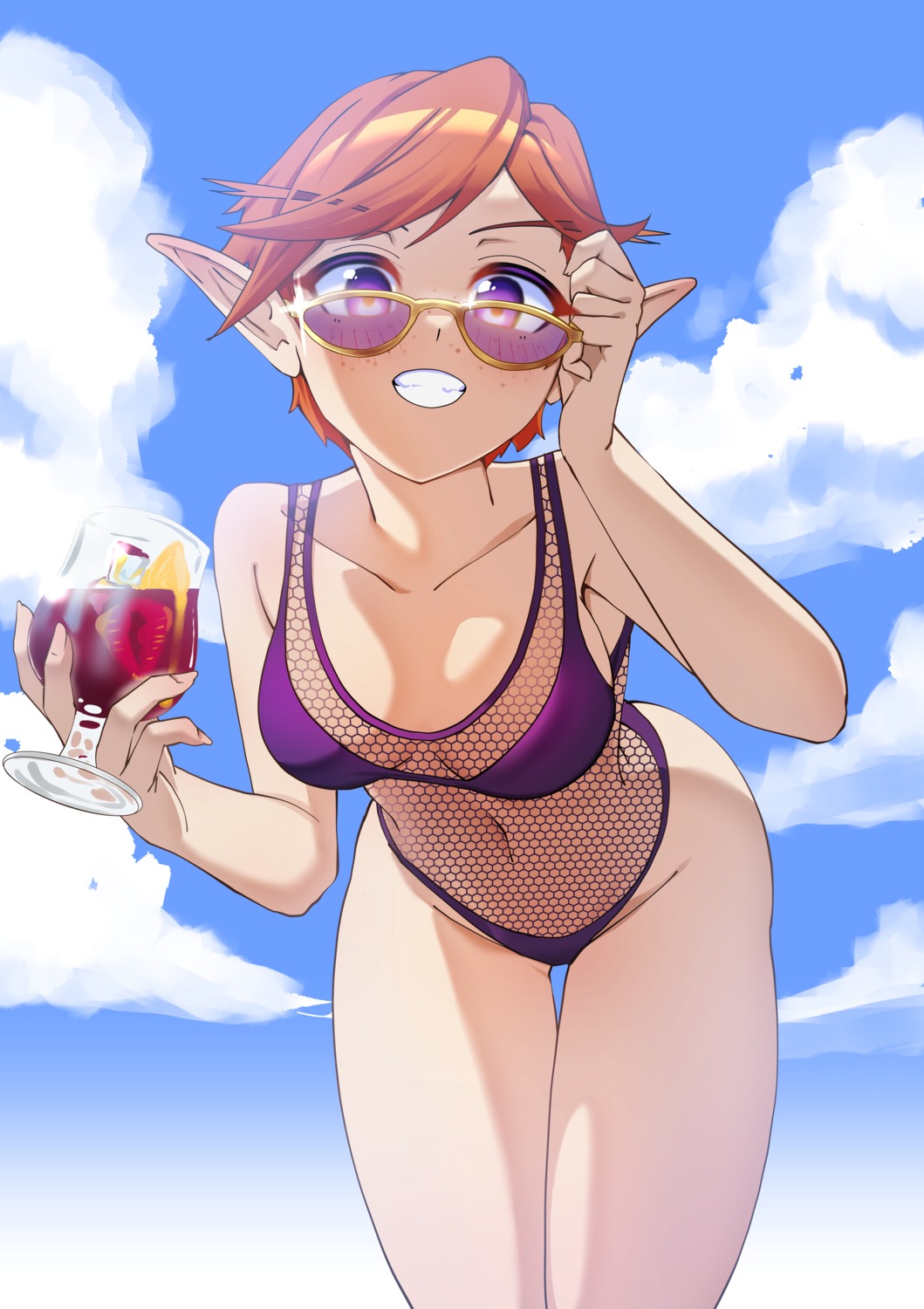 elf, fishnets, megane, oppaihobby, pointy_ears, see_through, swimsuits