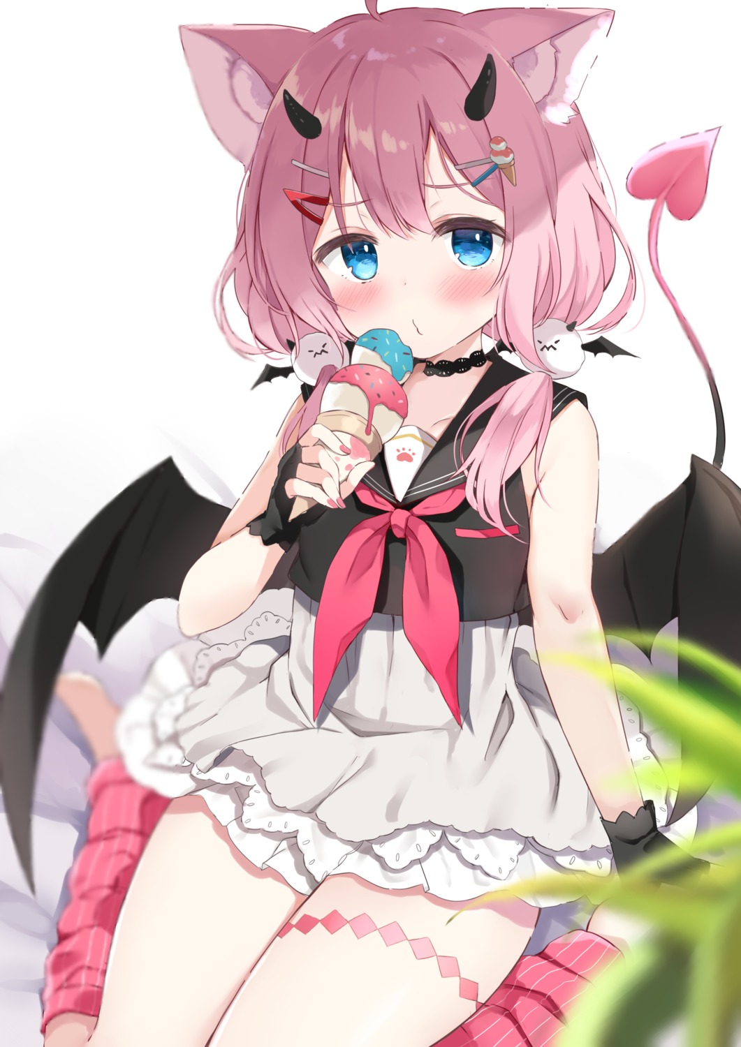 animal_ears, dress, garter, horns, kujou_danbo, skirt_lift, tail, wings