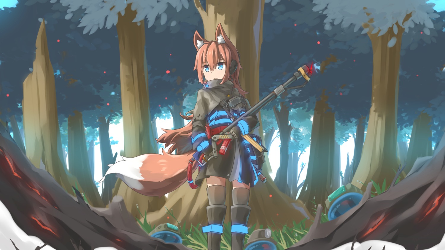 animal_ears, hinbackc, kitsune, tail, thighhighs, wallpaper, weapon
