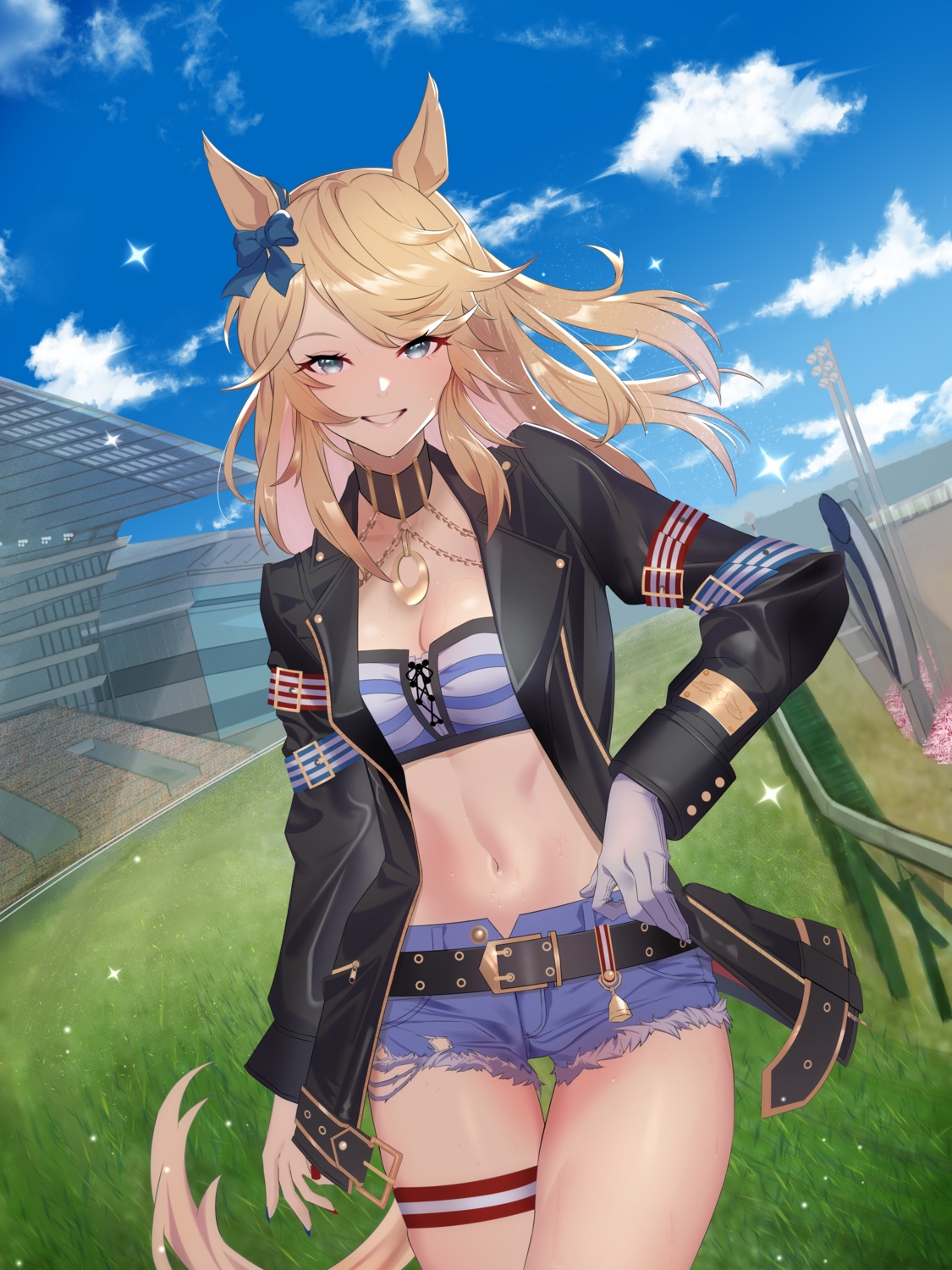 animal_ears, cleavage, garter, gold_city_(umamusume), kokushi_kanta, tail, torn_clothes, uma_musume_pretty_derby