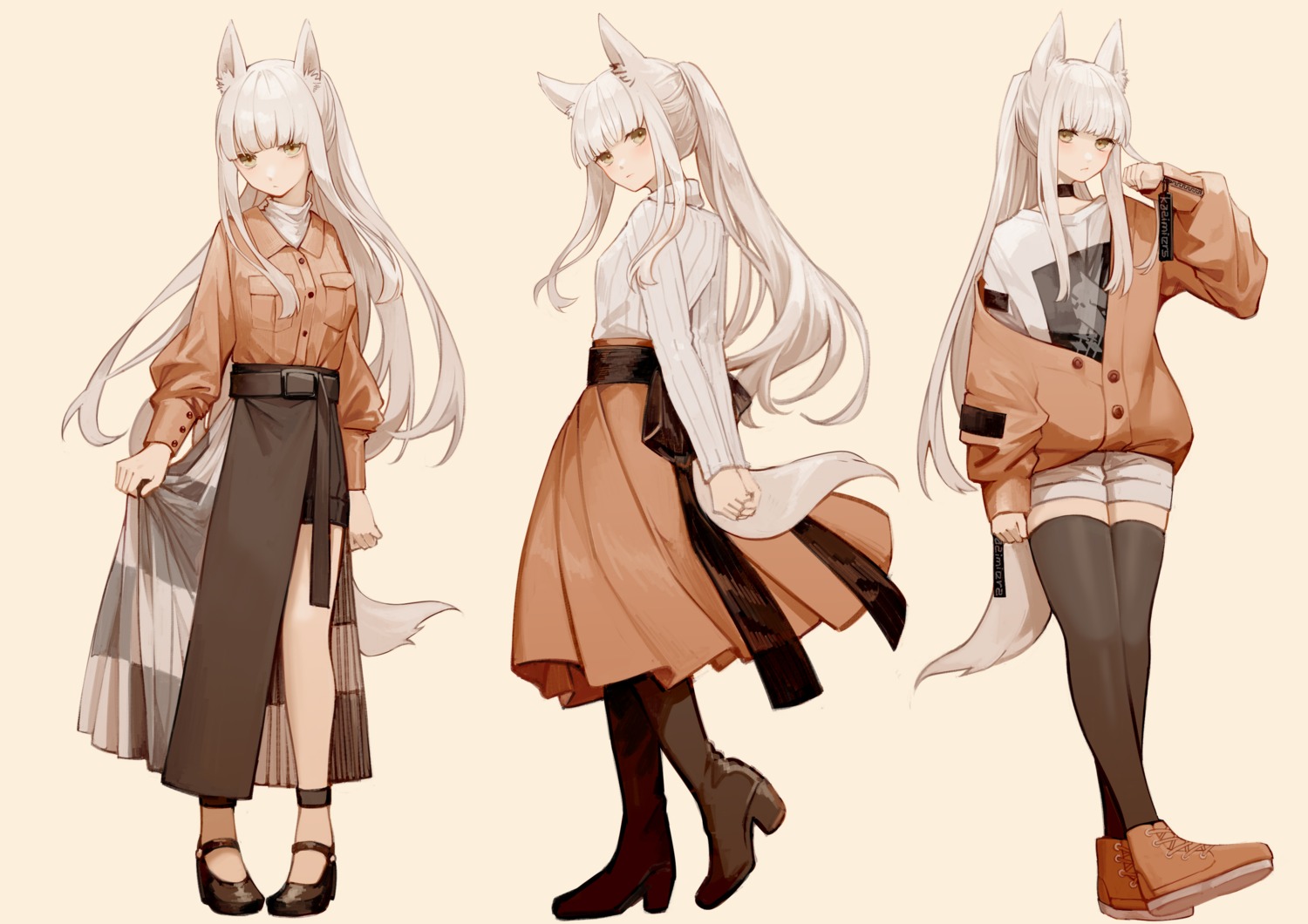animal_ears, arknights, heels, miike_(992058), platinum_(arknights), skirt_lift, sweater, tail, thighhighs