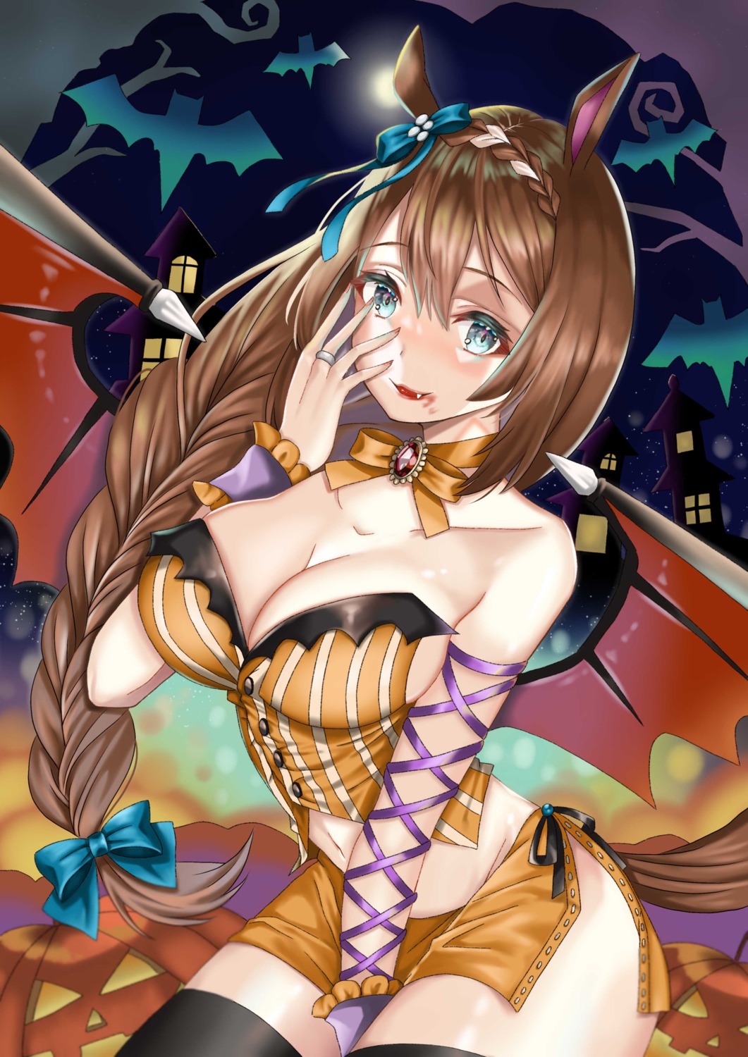 animal_ears, halloween, no_bra, rena, super_creek_(umamusume), tail, thighhighs, uma_musume_pretty_derby, wings