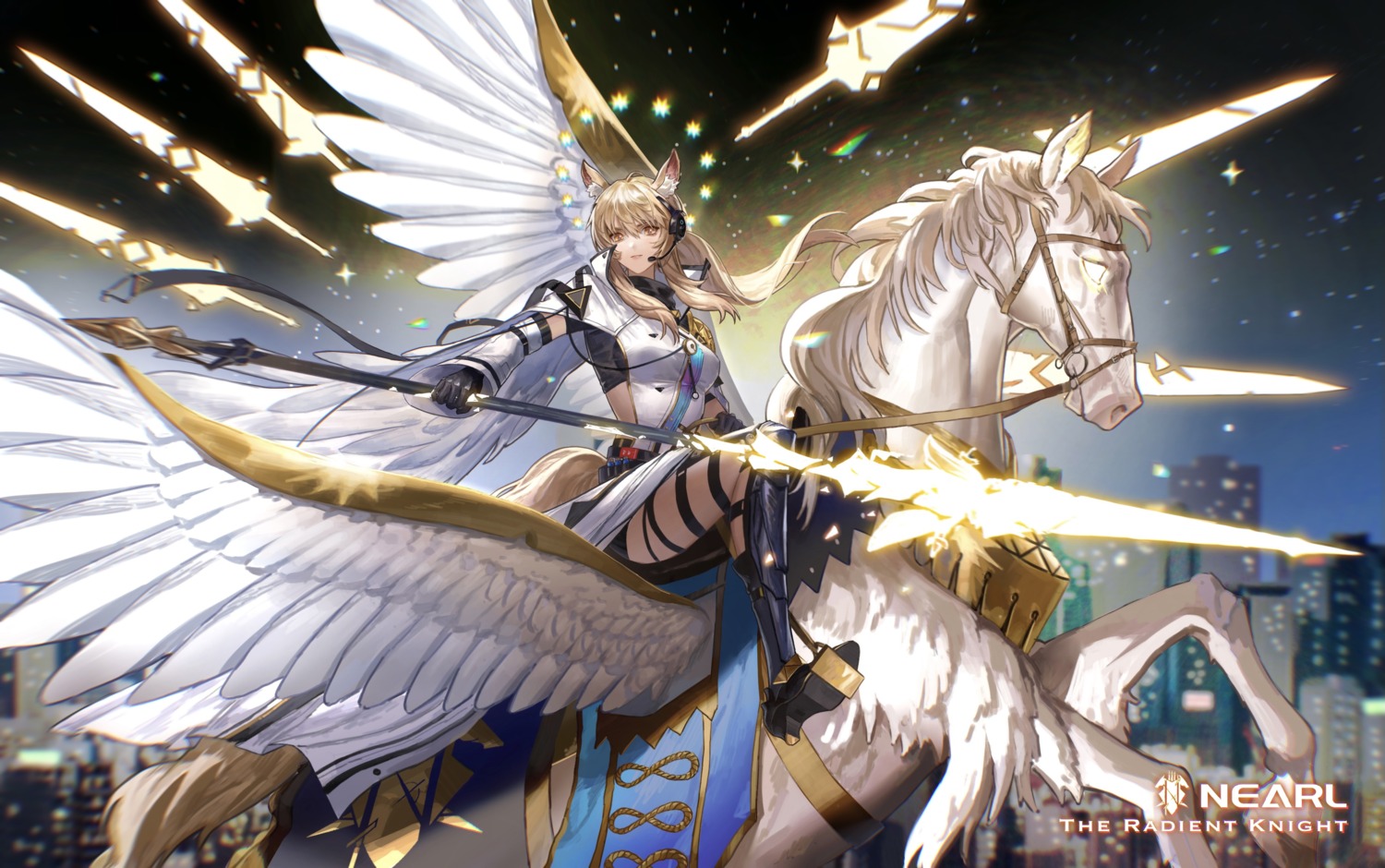 animal_ears, arknights, garter, headphones, heels, nearl_(arknights), sodiumcc, tail, uniform, weapon, wings