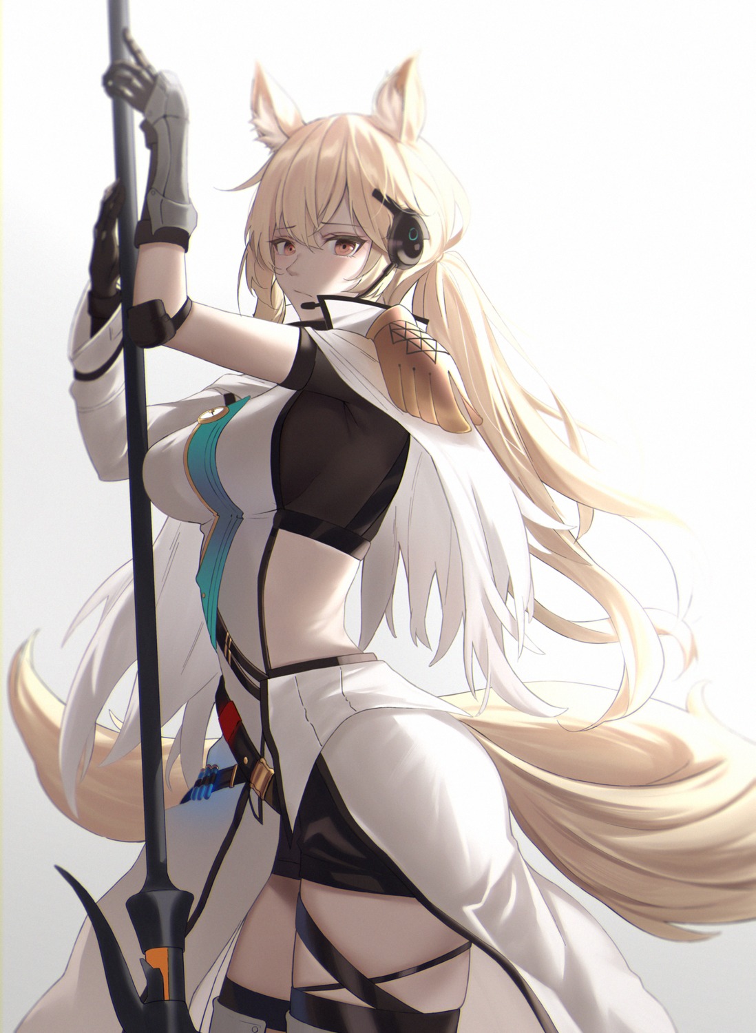 animal_ears, arknights, garter, headphones, nearl_(arknights), shokuyou_koori, tail, thighhighs