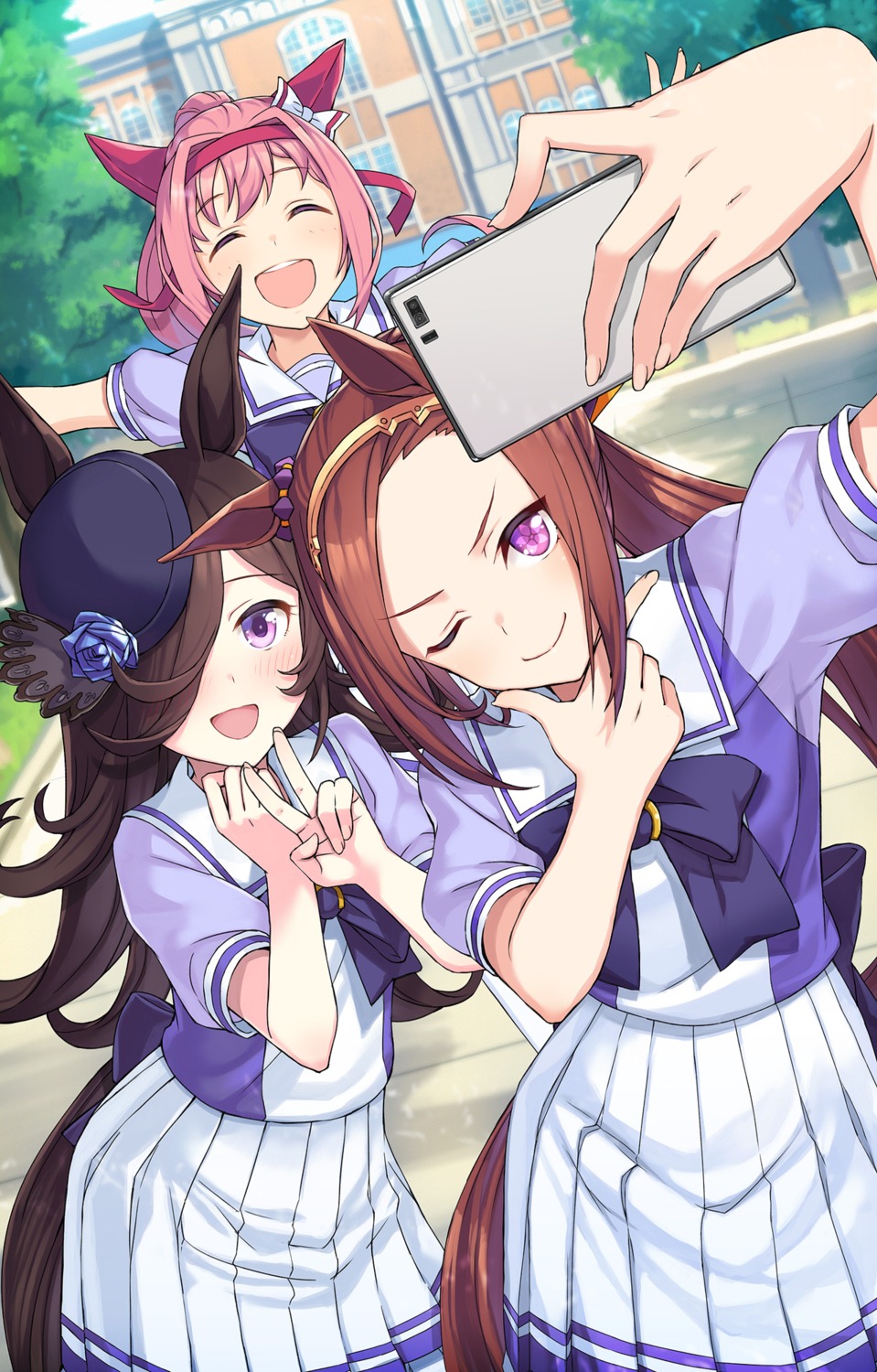 animal_ears, haru_urara_(umamusume), itou_(onsoku_tassha), rice_shower_(umamusume), sakura_bakushin_o_(umamusume), seifuku, selfie, tail