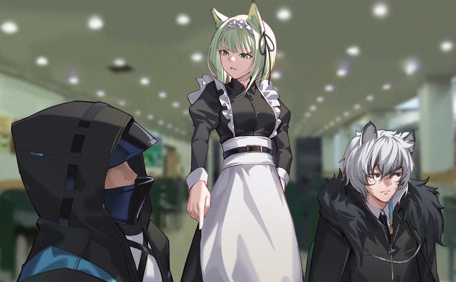 animal_ears, arknights, doctor_(arknights), kal'tsit_(arknights), maid, nian, photo, silverash_(arknights)