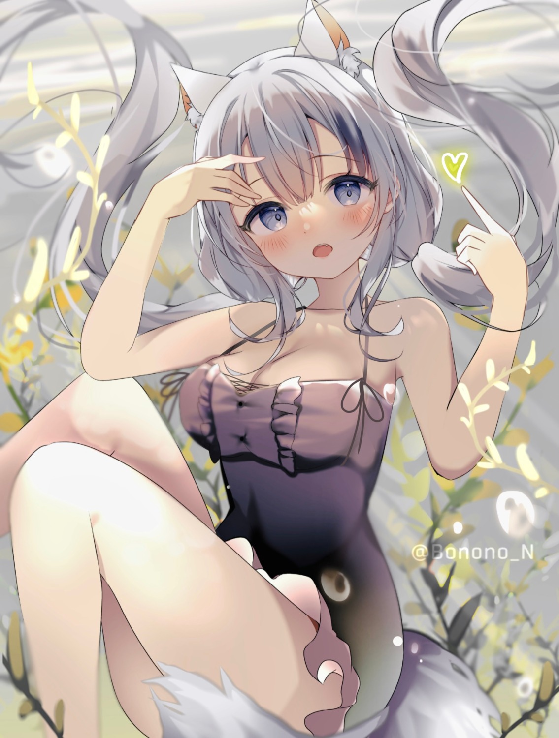 animal_ears, bono_(bonobono), dress, kitsune, no_bra, skirt_lift, tail
