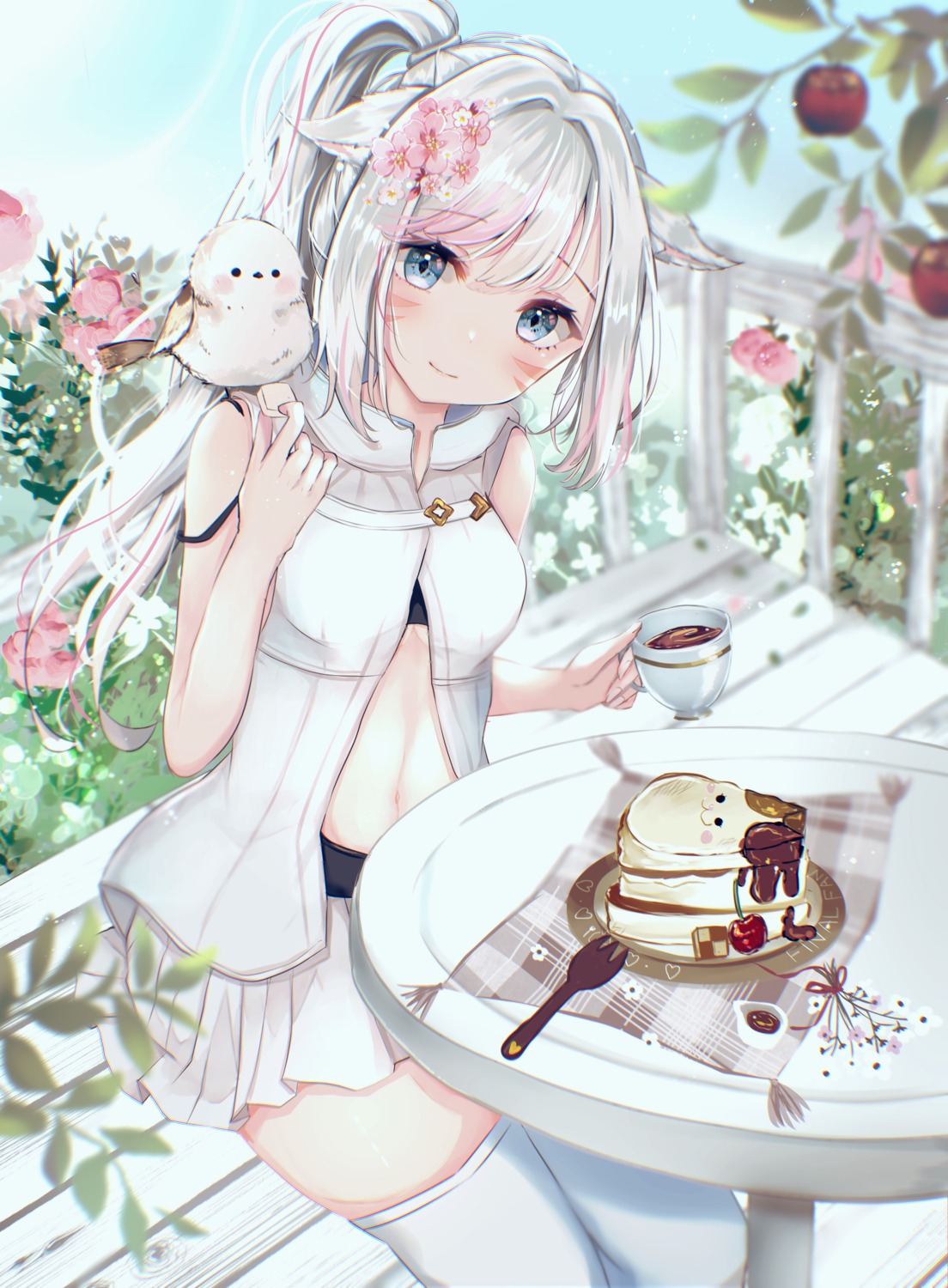 animal_ears, final_fantasy, final_fantasy_xiv, miqo'te, open_shirt, sakura_mochiko, thighhighs