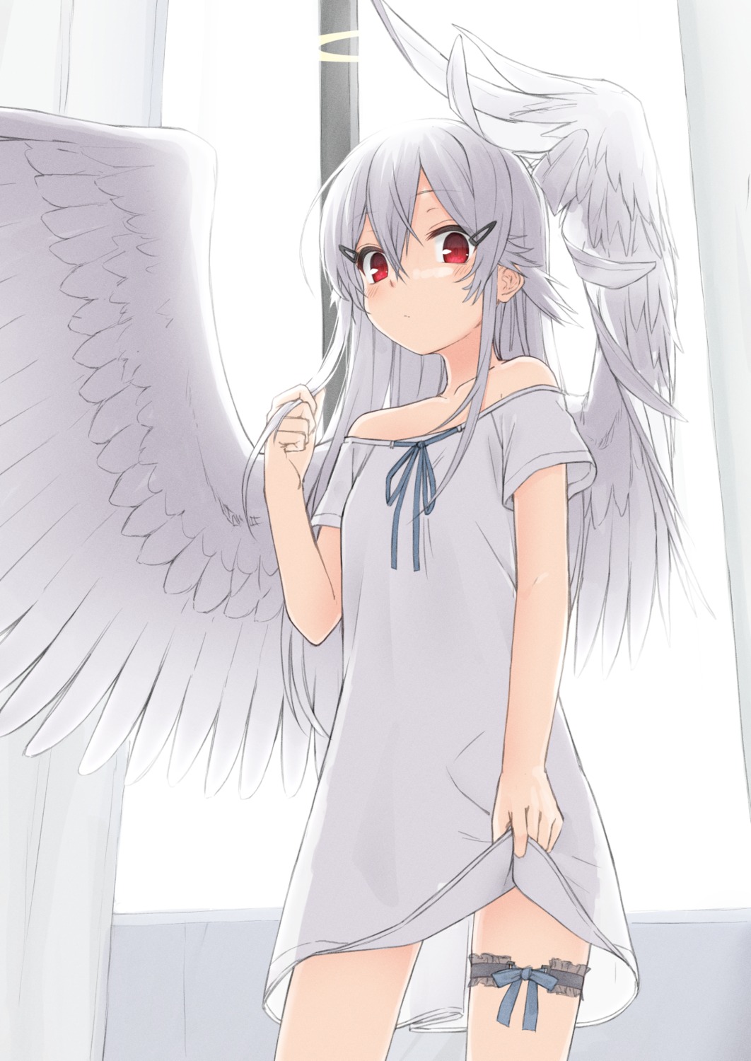 angel, dress, garter, kawama_hidesuke, see_through, skirt_lift, wings