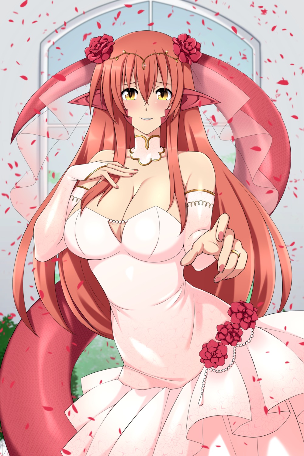 dress, lindaroze, miia_(monster_musume), monster_girl, monster_musume_no_iru_nichijou, no_bra, pointy_ears, tail
