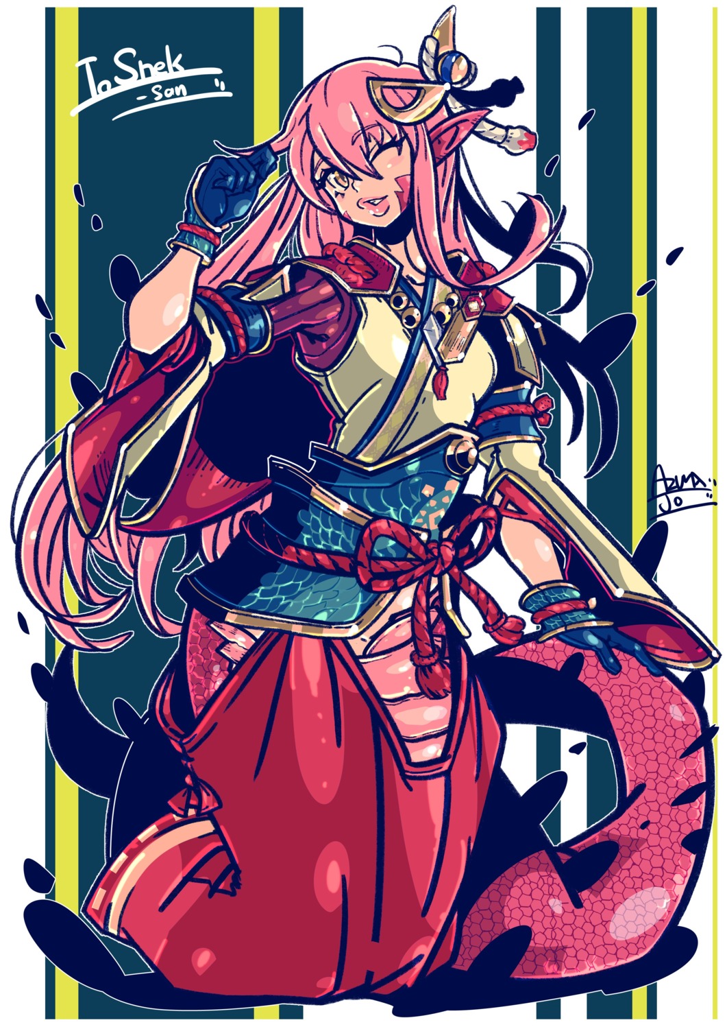armor, japanese_clothes, miia_(monster_musume), monster_girl, monster_musume_no_iru_nichijou, pointy_ears, rolan-ce, tail