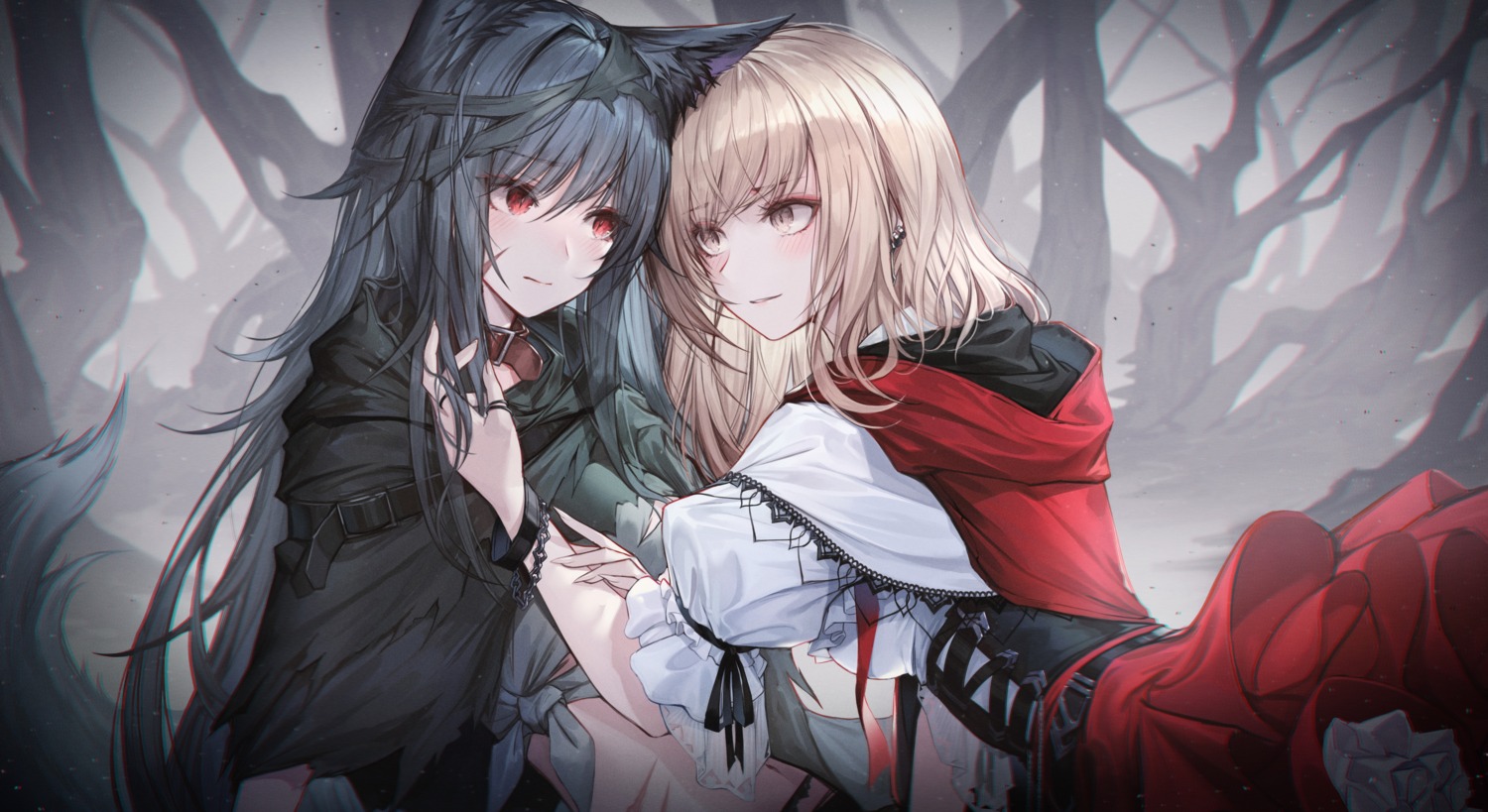 animal_ears, big_bad_wolf, chyopeuteu, little_red_riding_hood_(character), skirt_lift, tail, torn_clothes, yuri
