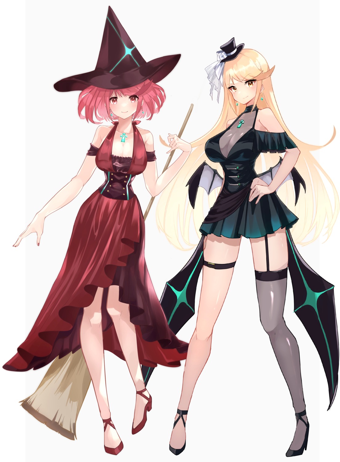 cleavage, dress, garter, halloween, heels, hikari_(xenoblade_2), homura_(xenoblade_2), no_bra