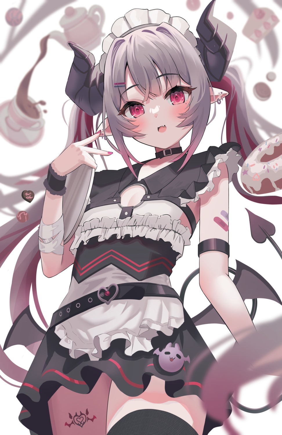 bandaid, dodota, horns, maid, pointy_ears, tail, tattoo, thighhighs, wings
