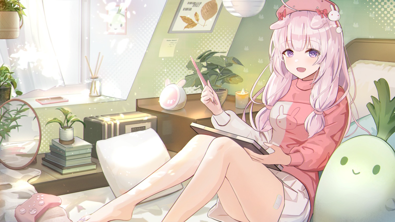 animal_ears, bandaid, bunny_ears, san_ke_yue_shi, skirt_lift, sweater, wallpaper