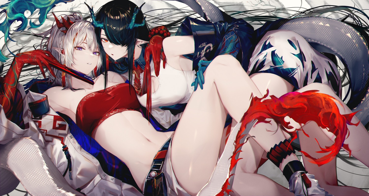 arknights, cleavage, dusk_(arknights), horns, kurogiri, nian_(arknights), no_bra, open_shirt, pointy_ears, tail, yuri
