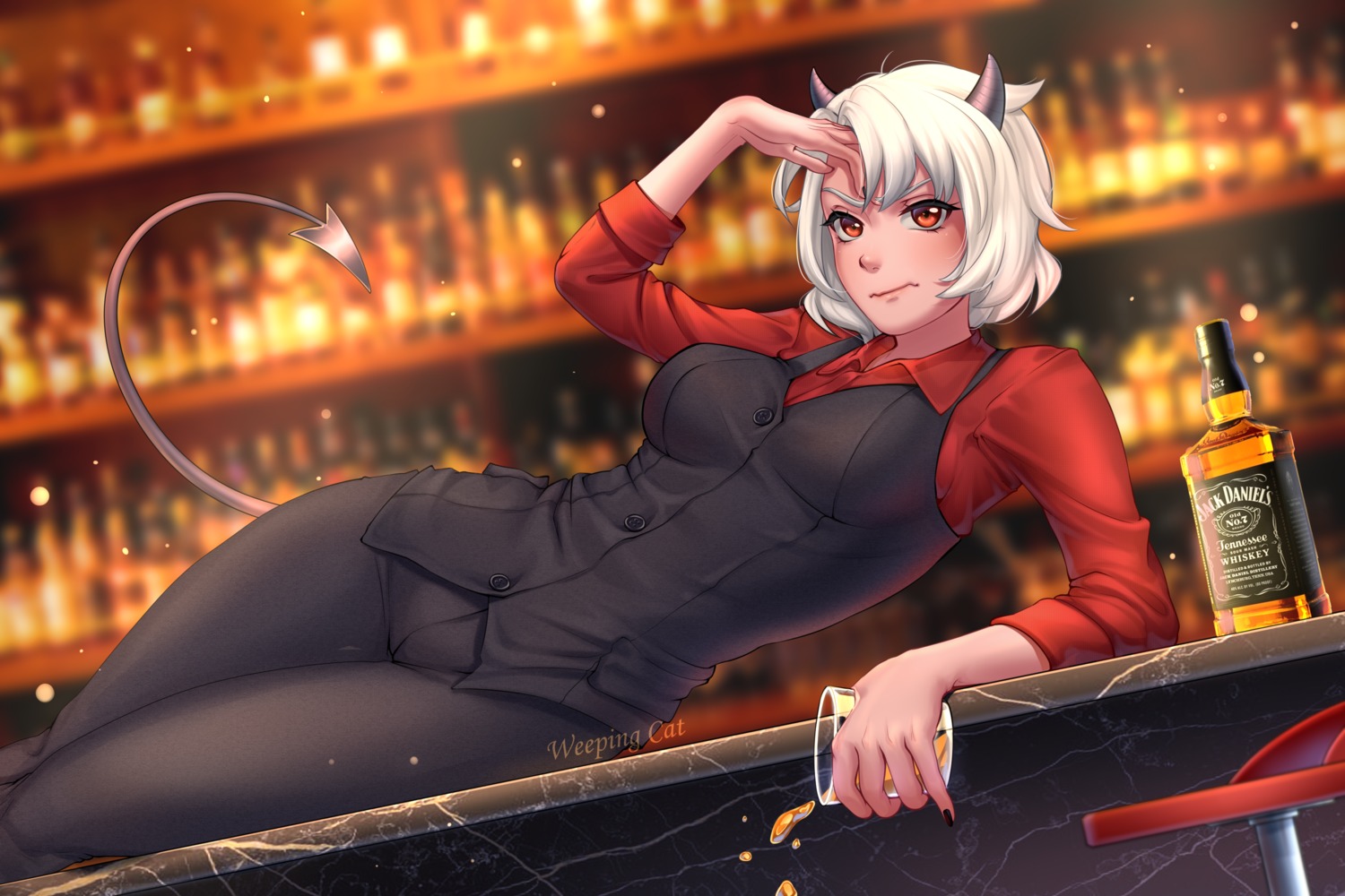 business_suit, devil, helltaker, horns, malina_(helltaker), tail, weeping_cat