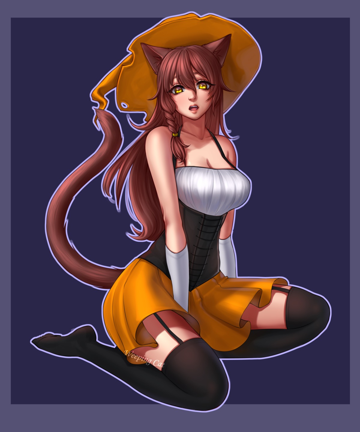animal_ears, halloween, nekomimi, stockings, tail, thighhighs, weeping_cat, witch