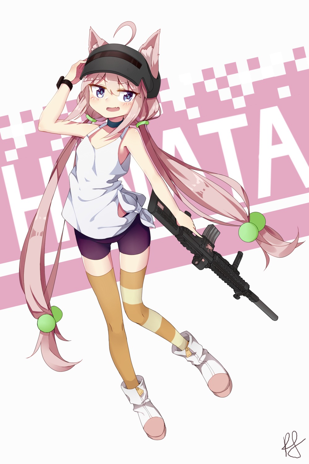 animal_ears, bike_shorts, gun, hinata_channel, nekomimi, nekomiya_hinata, no_bra, pg_(pege544)