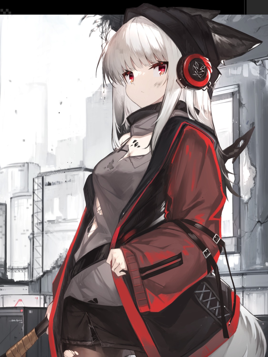 animal_ears, arknights, frostleaf_(arknights), headphones, tail, torn_clothes, weapon, yki