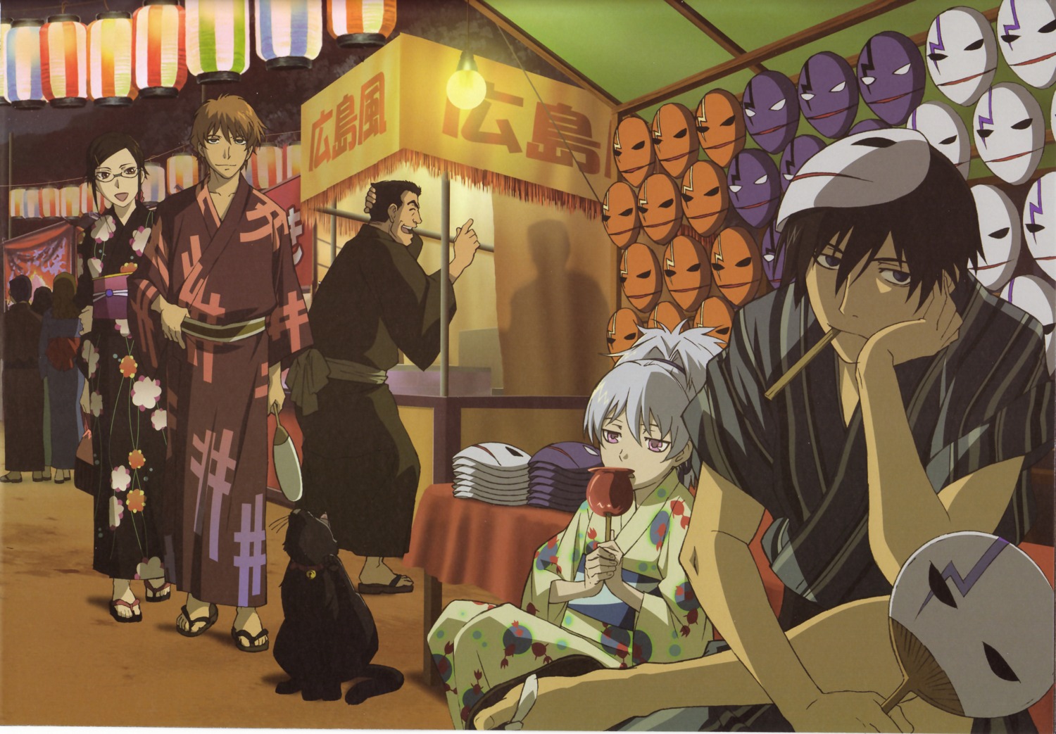 darker_than_black, hei, kirihara_misaki, kouno_yutaka, mao_(darker_than_black), megane, neko, saitou_yuusuke, yin, yukata