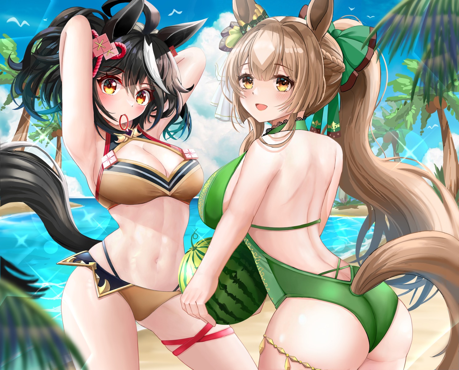 animal_ears, ass, bikini, garter, kitasan_black_(umamusume), ryuryu_mt, satono_diamond_(umamusume), swimsuits, tail, uma_musume_pretty_derby