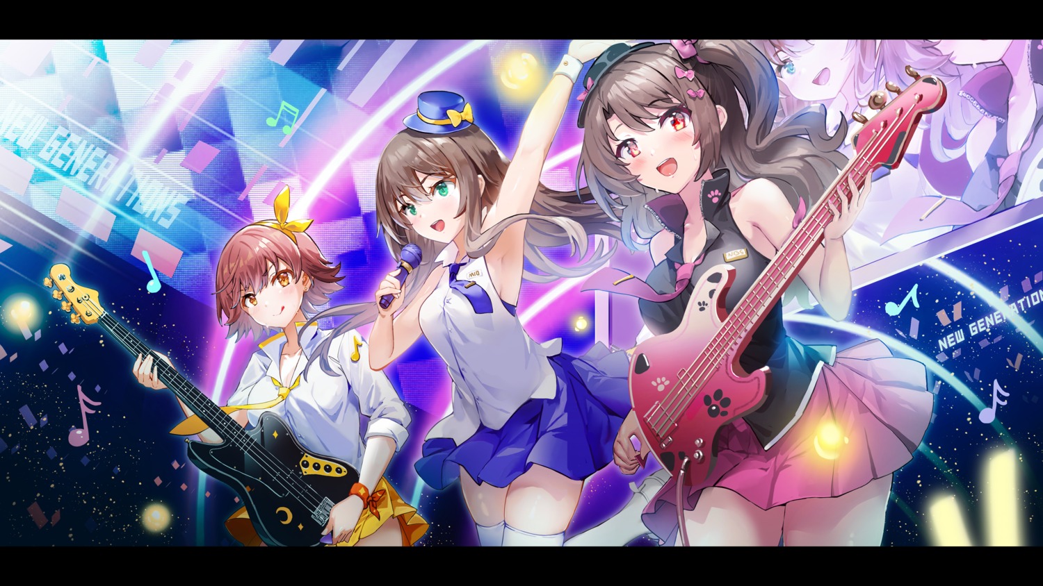 guitar, honda_mio, rods, shibuya_rin, shimamura_uzuki, skirt_lift, the_idolm@ster, the_idolm@ster_cinderella_girls