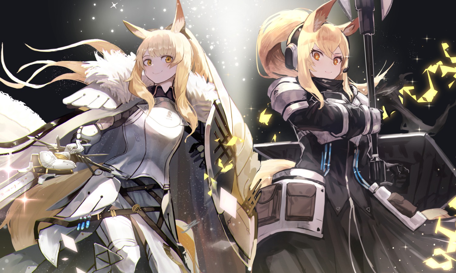 animal_ears, arknights, armor, blemishine_(arknights), headphones, mannouyakunta, nearl_(arknights), sword
