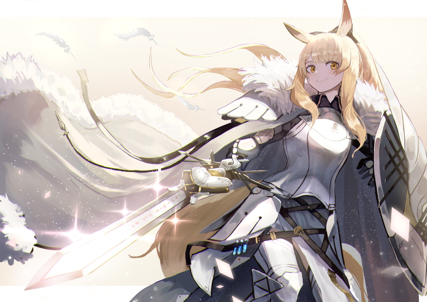 animal_ears, arknights, armor, blemishine_(arknights), mannouyakunta, sword, tail