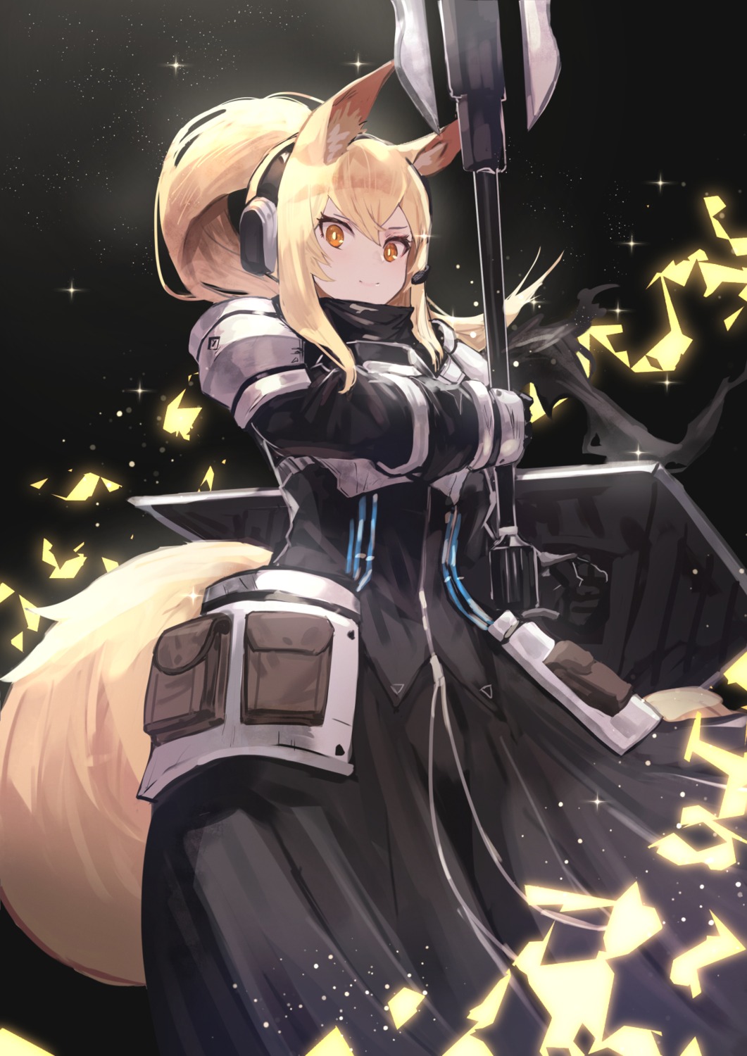 animal_ears, arknights, armor, headphones, mannouyakunta, nearl_(arknights), tail, weapon