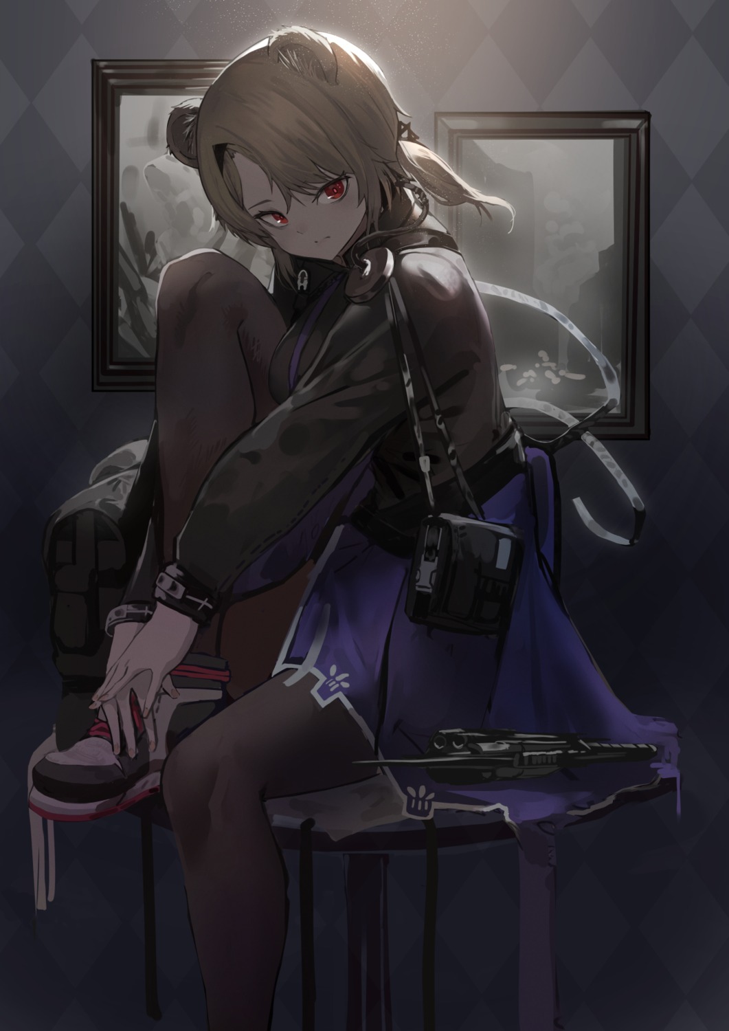 absinthe_(arknights), animal_ears, arknights, gun, pantyhose, skirt_lift, tagme