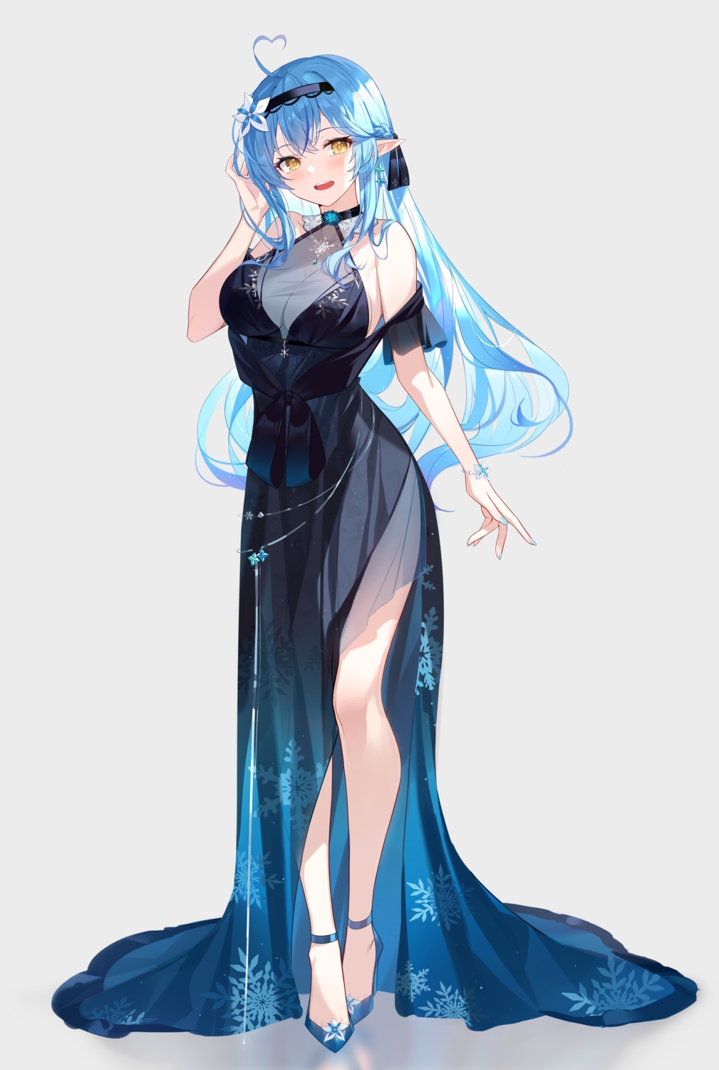 black_fire, dress, elf, heels, hololive, no_bra, pointy_ears, see_through
