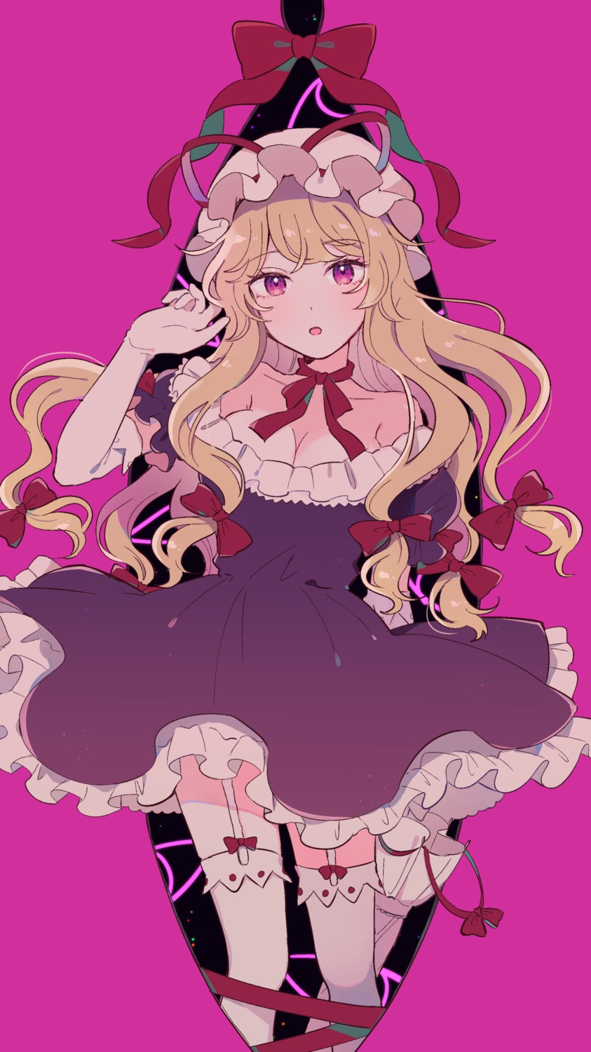 cleavage, dress, mozukuzu_(manukedori), no_bra, skirt_lift, stockings, thighhighs, touhou