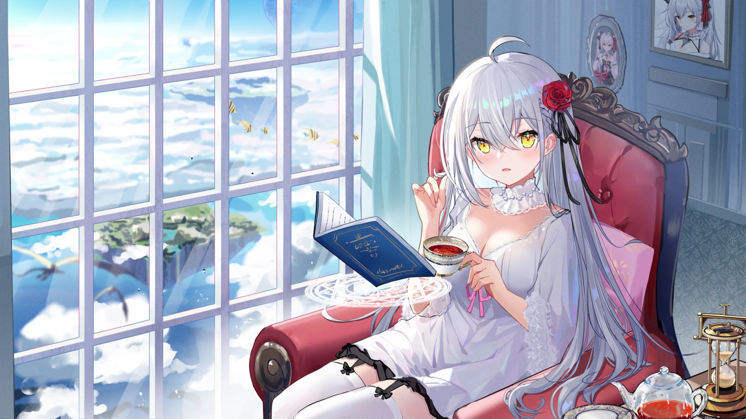 cleavage, dress, stockings, thighhighs, wallpaper, yukizawa
