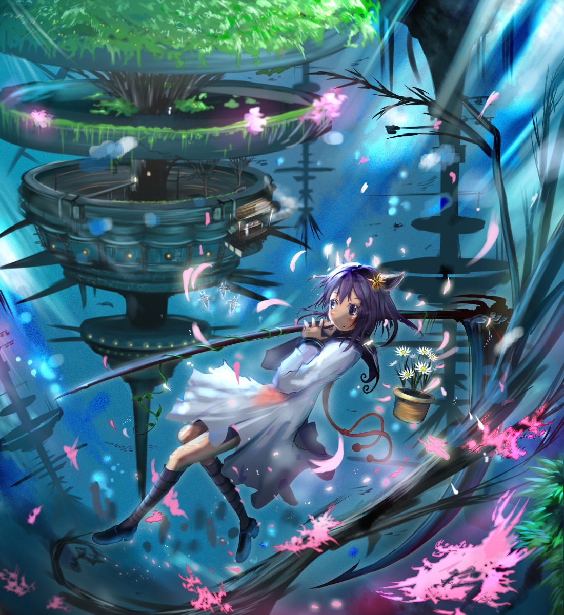 animal_ears, landscape, nekomimi, seifuku, sharurii