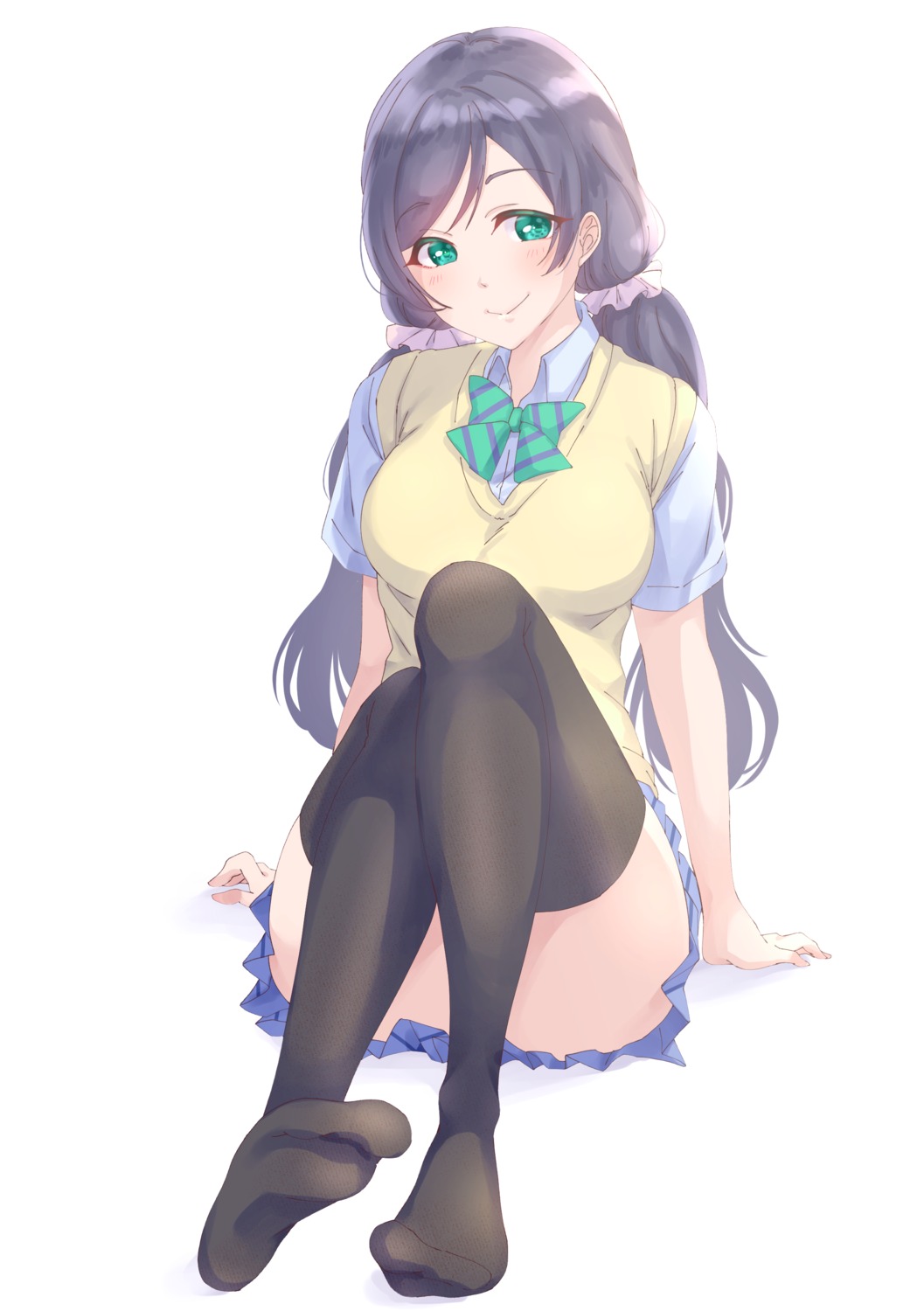 feet, kobayashi_nyoromichi, love_live!, love_live!_(series), seifuku, skirt_lift, sweater, thighhighs