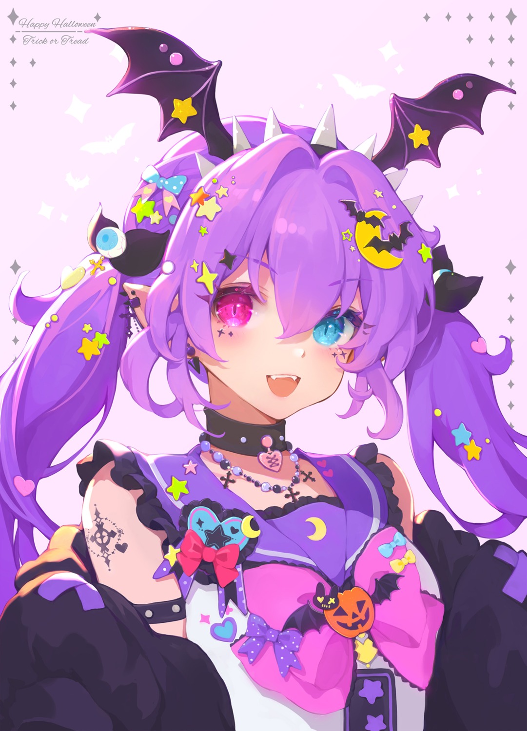 halloween, heterochromia, horns, mushroommirror, pointy_ears, tattoo, wings